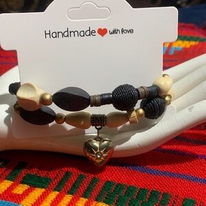 Handmade Black and Gold  Wooden Beaded Bracelet  Elastic Stretch 6.5